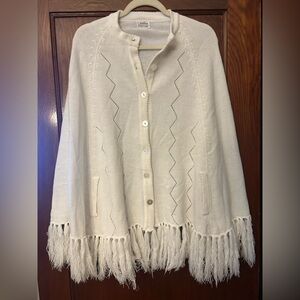 Vintage 70's White Acrylic Cape Poncho with Fringe One Size